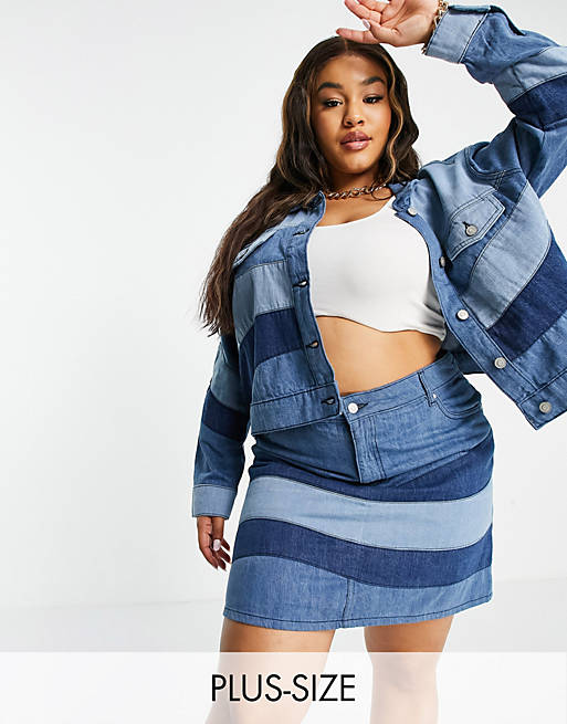 Neon Rose Plus relaxed jacket in wavy denim co-ord