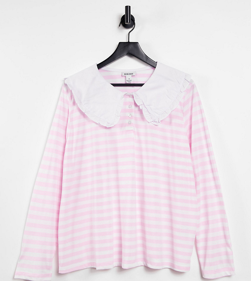 Neon Rose Plus relaxed long sleeve t-shirt with collar in pastel stripe-Pink