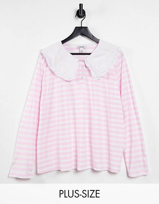 Neon Rose Plus relaxed long sleeve t-shirt with collar in pastel stripe