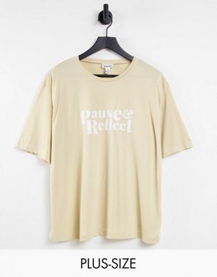 Neon Rose Plus relaxed t-shirt with pause slogan in beige