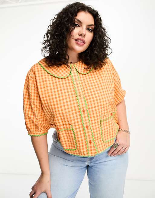 Neon Rose Plus rick-rack button through shirt in orange gingham