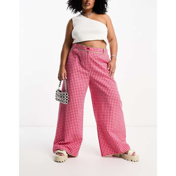Neon Rose Plus rick-rack detail wide leg gingham pants in pink | ASOS