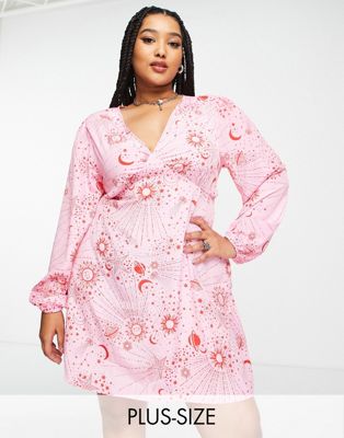 Neon Rose Plus v-neck long sleeve mini tea dress in pink red celestial - ASOS Price Checker