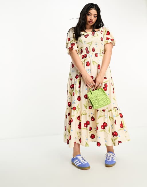 Neon Rose Plus - Robe longueur mollet à imprimé cerises - Crème