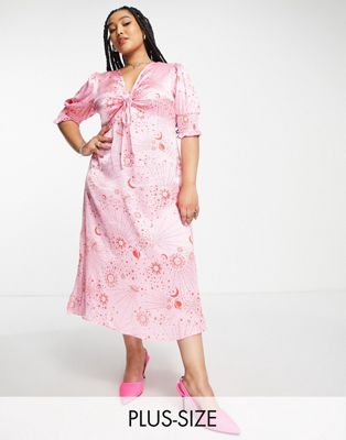 Neon Rose Plus ruched bust midi tea dress in pink red celestial satin