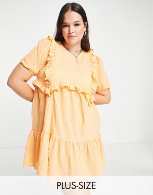 Neon Rose Plus ruffle front smock dress in textured apricot-Orange