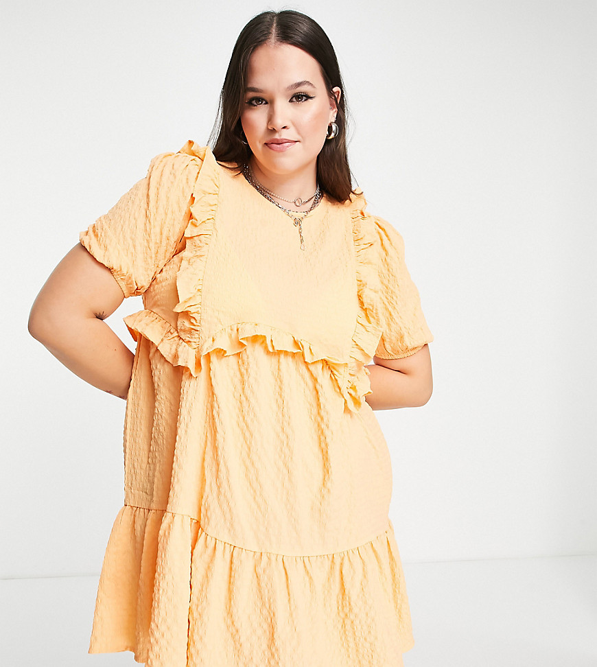 ruffle front smock dress in textured apricot-Orange