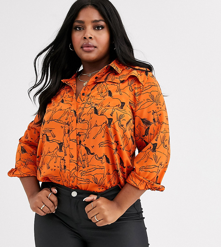 Neon Rose Plus - Ruimvallend overhemd met print met geschetste paarden-Oranje