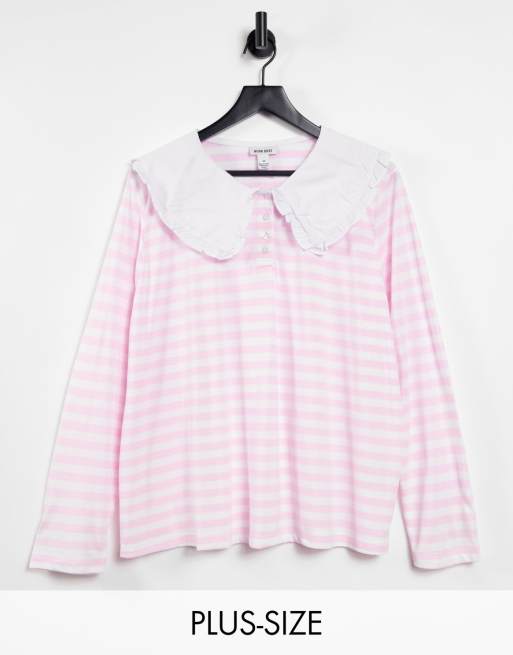 Neon Rose Plus - T-shirt comoda a maniche lunghe con colletto a righe pastello