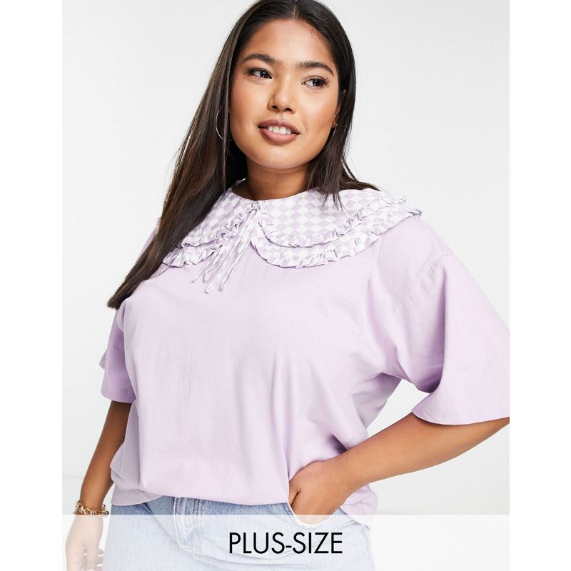 Donna Top Neon Rose Plus - T-shirt oversize con colletto a scacchi sovrapposto