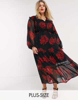 plus size black dress with red roses