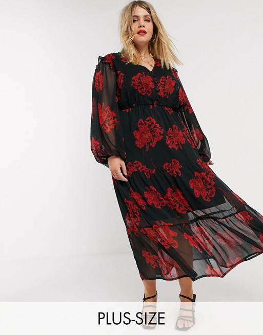 Neon Rose Plus tiered maxi tea dress with balloon sleeves in bold floral