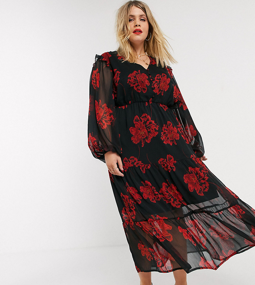 Neon Rose Plus tiered maxi tea dress with balloon sleeves in bold floral-Black