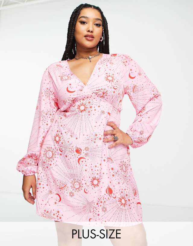 Neon Rose Plus v-neck long sleeve mini tea dress in pink red celestial