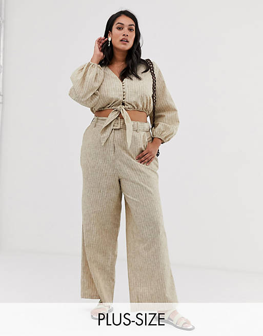Neon Rose Plus wide leg trousers with belt in summer pinstripe | ASOS