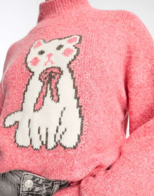 Neon Rose - Plysset lyserød striktrøje med kattemotiv og høj hals, 4 af 4