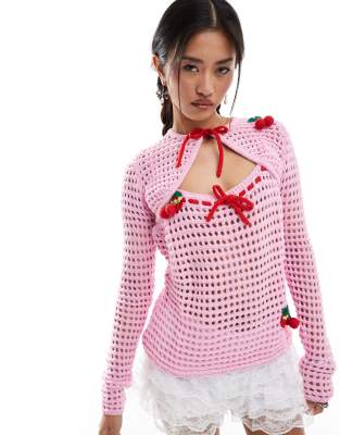 Neon Rose Pointelle Cherry Applique Shrug In Pink - Part Of A Set In Pink