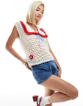 [Neon Rose] Neon Rose pointelle ruffle edge singlet in cream and red-White S Cream/red