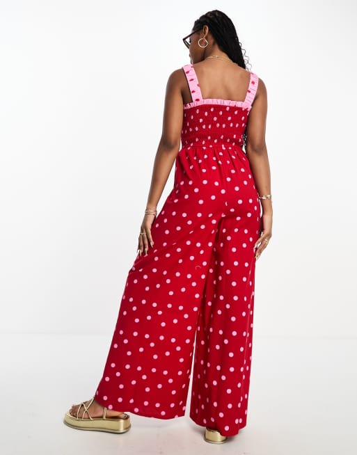 Neon Rose polka dot wide leg jumpsuit in red