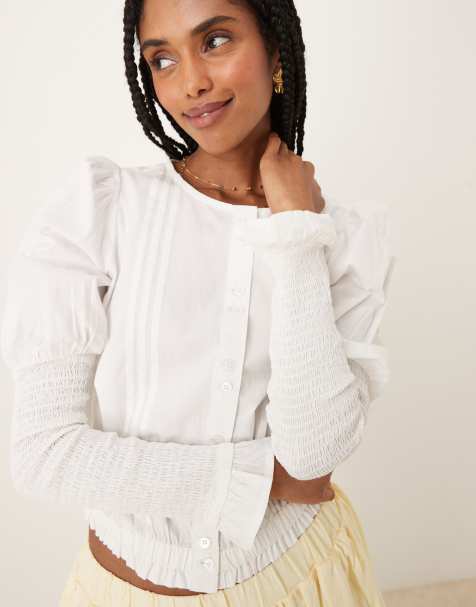 Neon Rose puff and shirred sleeve blouse in white - view 1