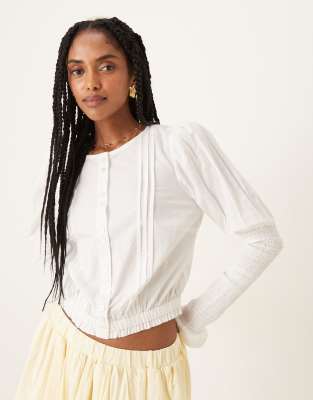 Neon Rose Puff And Shirred Sleeve Blouse In White