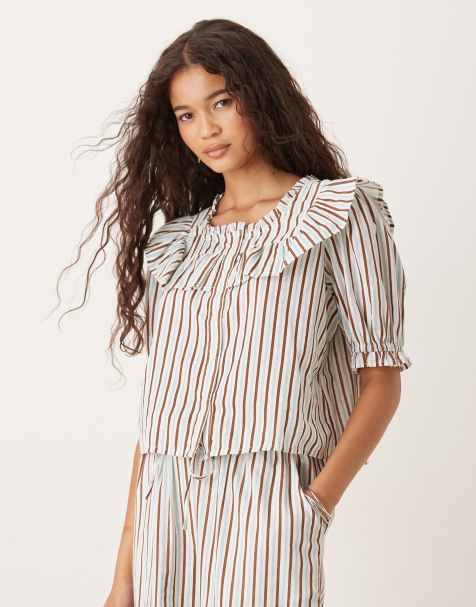 Neon Rose puff sleeve striped blouse in multi - part of a set - view 1