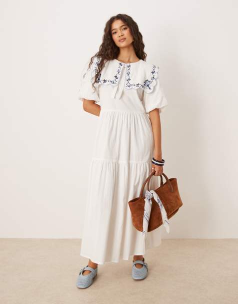 Neon Rose puff sleeves midi dress with embroidered details in white - view 1
