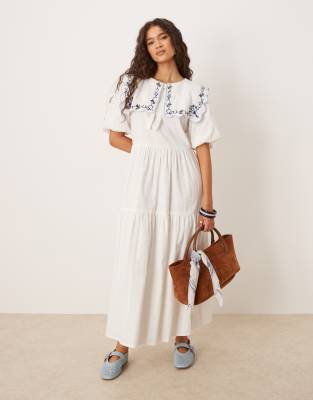 neon rose puff sleeves midi dress with embroidered details in white