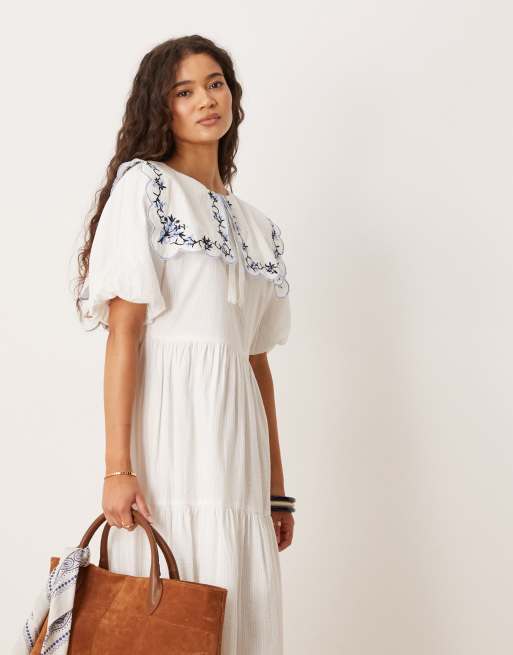 Neon Rose puff sleeves midi dress with embroidered details in white