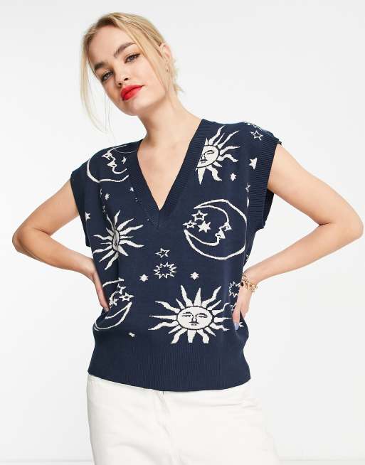 Neon Rose - Pull décontracté sans manches en maille motif astrologie