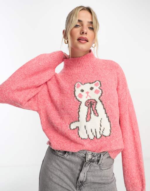 Neon Rose - Pull duveteux à col montant et motif chat - Rose, 2 de 4