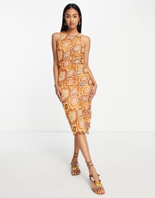 Neon Rose Neon Rose racer midi dress with ruched front seam in 70s floral mesh-Multi