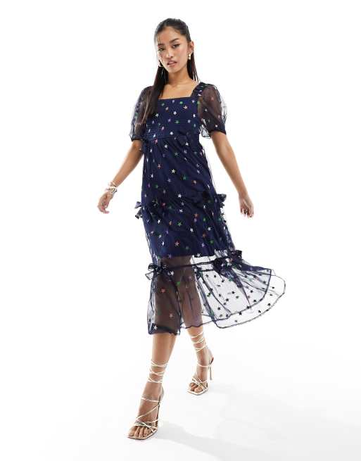Neon Rose rainbow star print tulle bow detail midi dress in navy