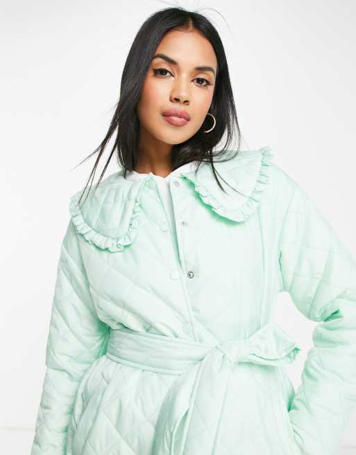 Neon Rose relaxed belted padded coat with collar in pastel mint