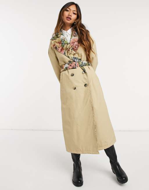 Neon Rose relaxed belted trench coat with floral contrast