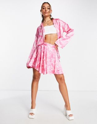 Neon Rose relaxed boxy cropped shirt in butterfly satin co-ord