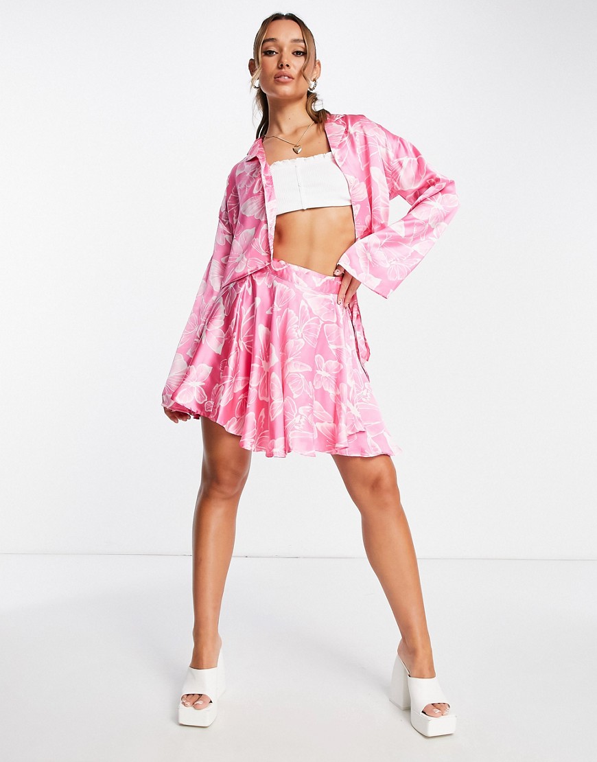 Neon Rose relaxed boxy cropped shirt in butterfly satin co-ord-Pink
