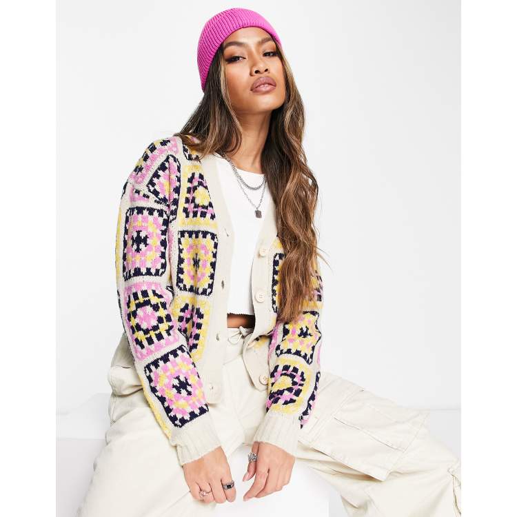 Neon Rose relaxed cardigan in retro crochet print | ASOS