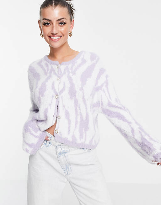 Neon Rose relaxed fluffy cardigan with ornate buttons in pastel zebra knit