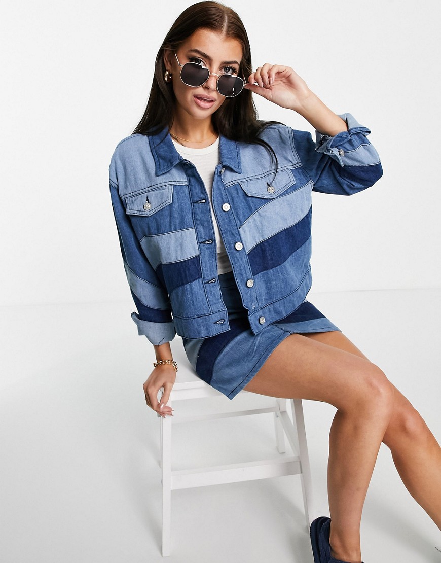 Neon Rose relaxed jacket in wavy denim co-ord-Blue