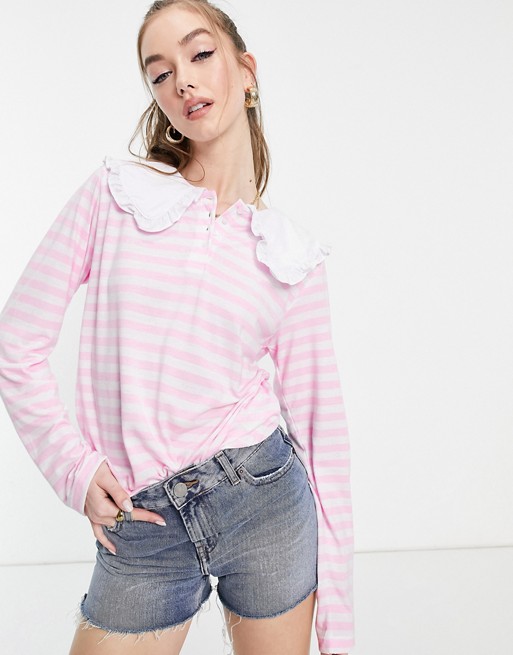Neon Rose relaxed long sleeve top with collar in pink stripe