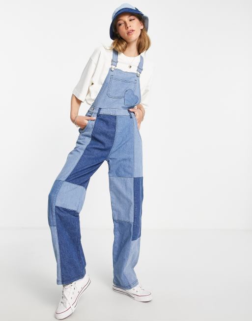 Neon Rose relaxed overalls in patchwork denim with heart pocket