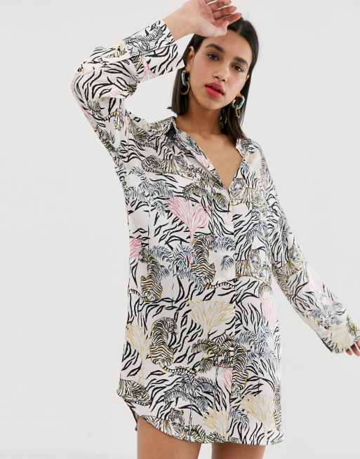 Neon Rose relaxed shirt dress in botanical animal print ASOS Neon Rose relaxed shirt dress in botanical animal print ASOS