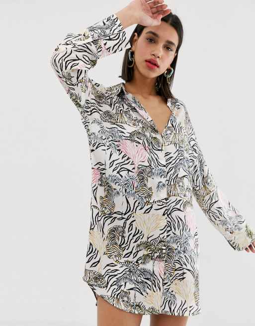 Neon Rose  relaxed shirt  dress  in botanical animal print ASOS