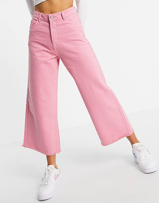 Neon Rose relaxed wide leg jeans with raw edge in bright pink denim co-ord