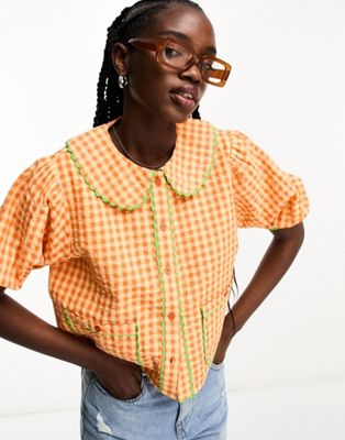 Neon Rose rik-rak button through shirt in orange gingham