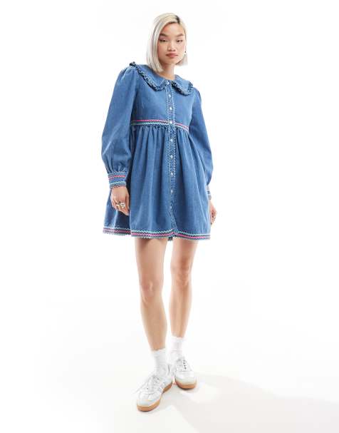 Neon Rose rik-rak detail denim mini smock dress in blue - view 1