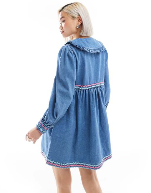 Neon Rose rik rak Detail Denim Mini Smock Dress in Blue