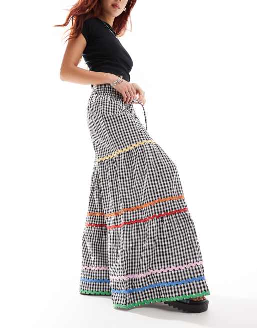 Neon Rose rik rak detail gingham maxi skirt in black ASOS