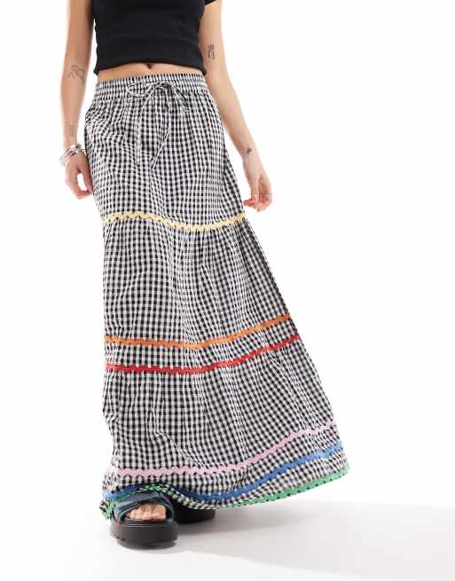 Neon Rose rik-rak detail gingham maxi skirt in black, 3 of 5
